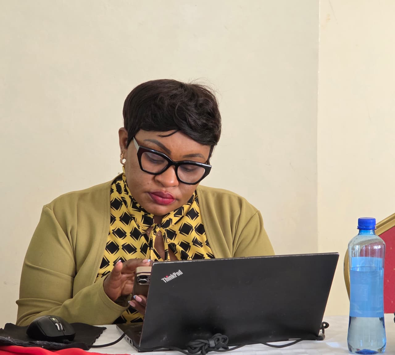 National Social Safeguards Officer, Ms. Priscillah Mueni, participates in the validation meeting for the KEWASIP website and Grievance Redress Mechanism (GRM) module at KALRO, Naivasha.
