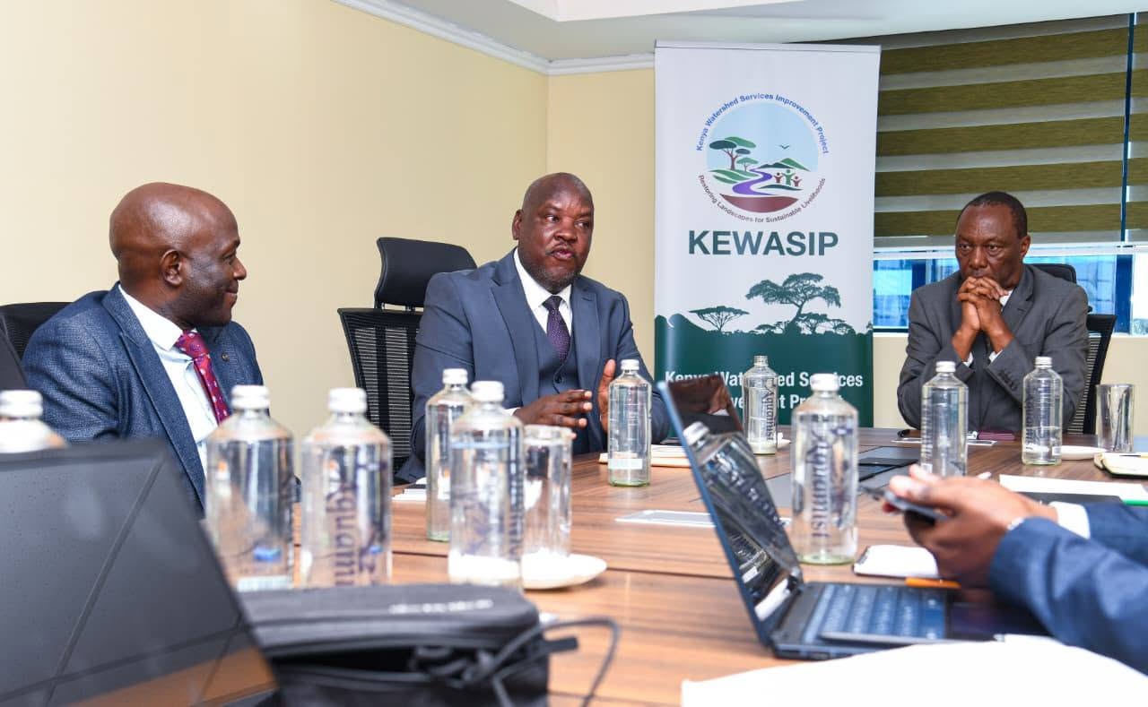 Forestry Principal Secretary Mr. Gitonga Mugambi during his inaugural meeting with KEWASIP-NPCU officers at their new offices in Blue Shield, Upper Hill, Nairobi.