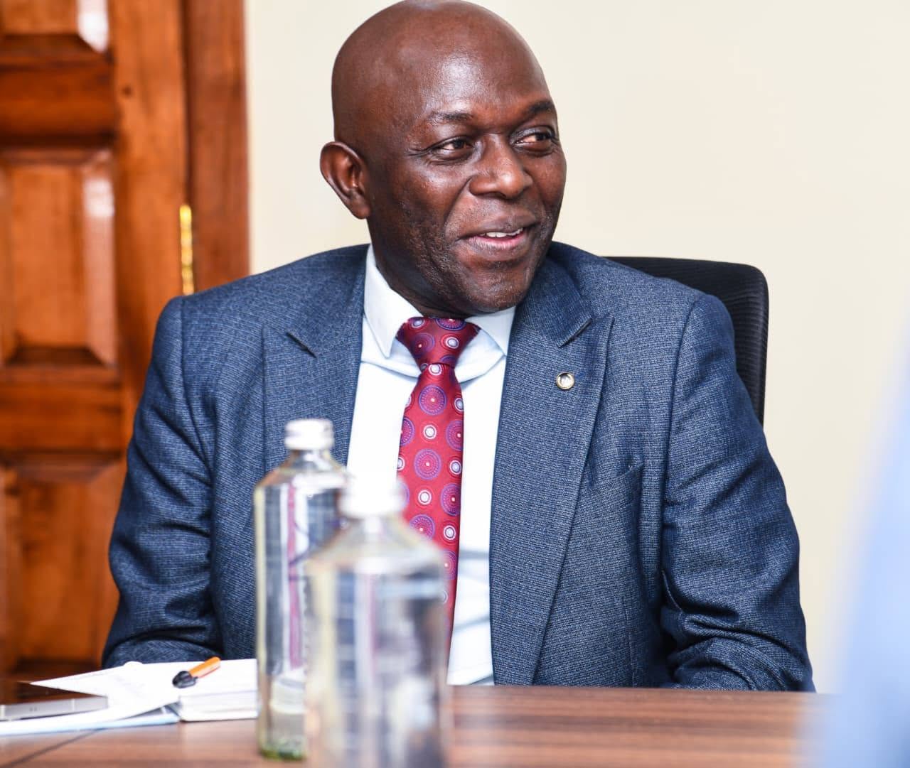 Forestry Principal Secretary Mr. Gitonga Mugambi during his inaugural meeting with KEWASIP-NPCU officers at their new offices in Blue Shield, Upper Hill, Nairobi.