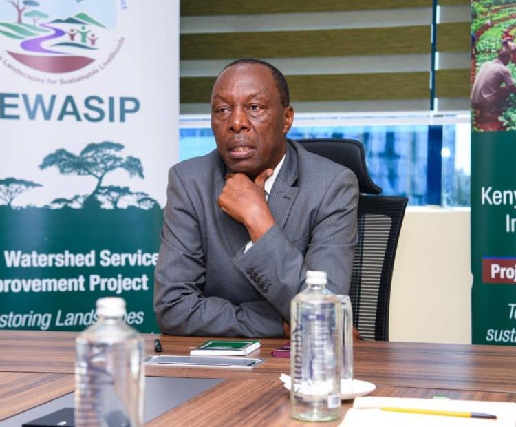 Forestry Principal Secretary Mr. Gitonga Mugambi during his inaugural meeting with KEWASIP-NPCU officers at their new offices in Blue Shield, Upper Hill, Nairobi.